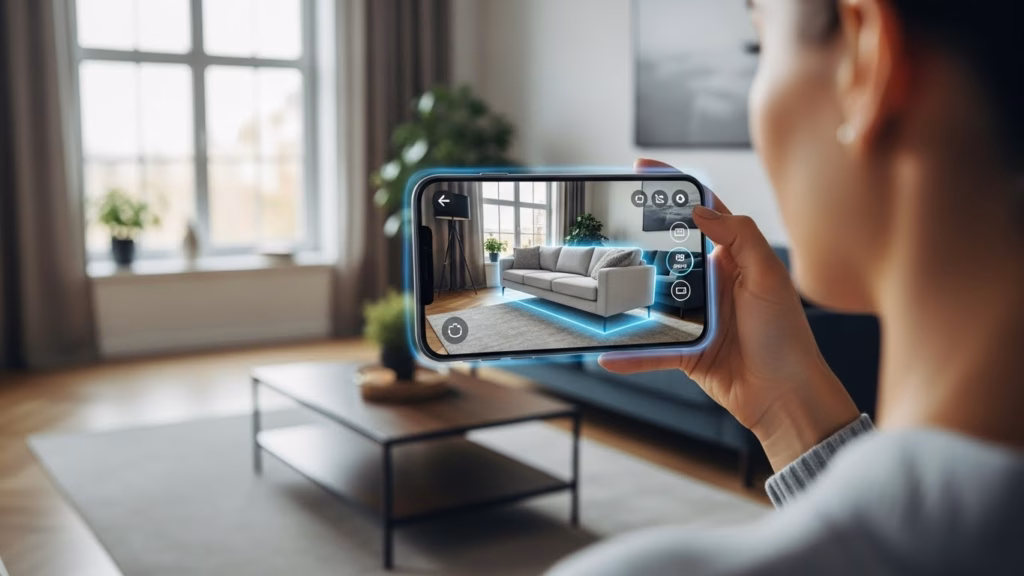 Pessoa segurando um smartphone em uma sala de estar enquanto utiliza realidade aumentada para visualizar um sofá digital posicionado sobre o tapete.