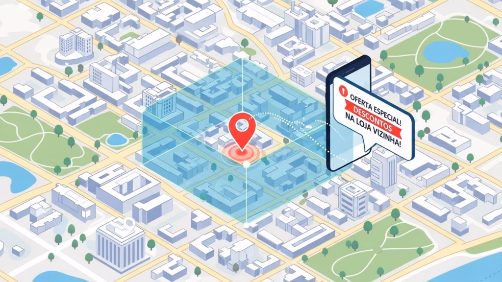 Mapa ilustrado de um bairro com área destacada e um celular exibindo a mensagem “OFERTA ESPECIAL! DESCONTOS NA LOJA VIZINHA!”, representando marketing por geolocalização.