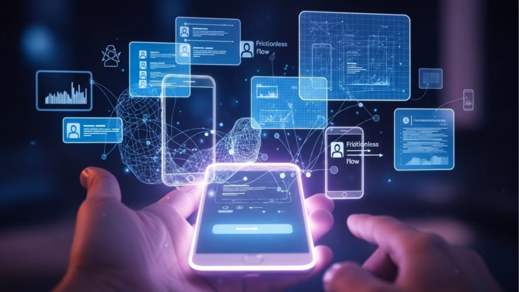 Mãos segurando um celular com várias telas flutuantes ao redor exibindo dados, gráficos e perfis de usuários, representando integração de informações digitais.