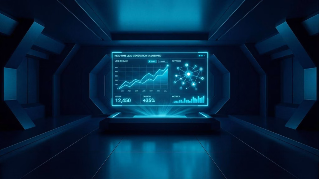 Painel de controle holográfico centralizado em uma sala tecnológica futurista. O painel, intitulado "REAL-TIME LEAD GENERATION DASHBOARD", mostra um gráfico de linha ascendente, um mapa de rede de contatos, o número total de 12.450 leads e um crescimento de +35%.