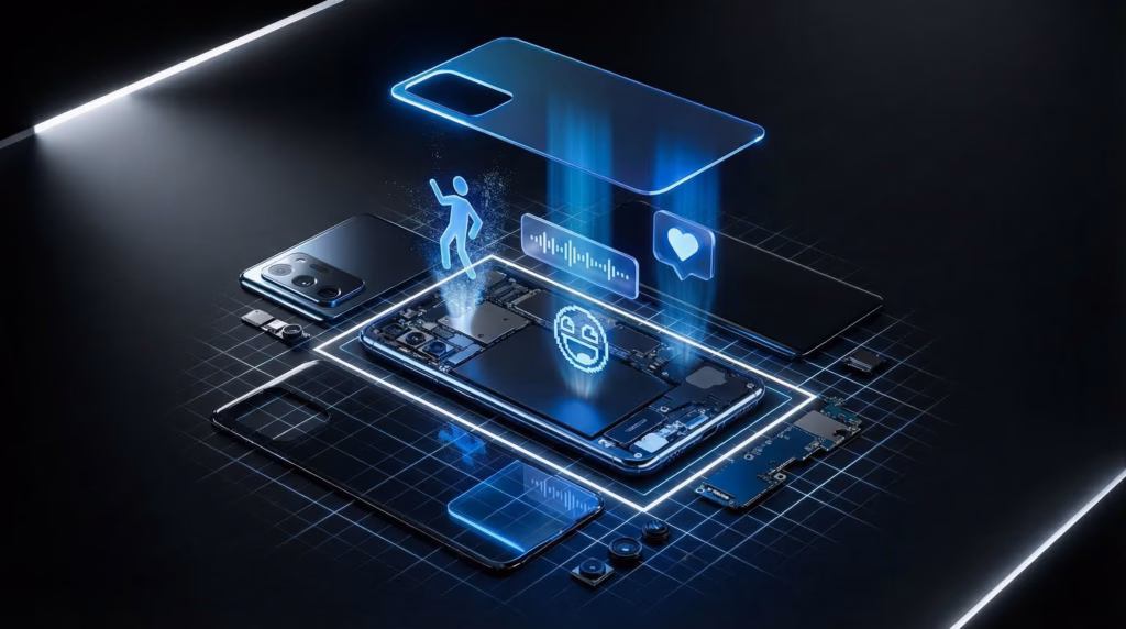 Uma ilustração digital em estilo "explodido" de um smartphone moderno sobre uma grade de circuitos neon. Os componentes internos do aparelho, como placa-mãe e câmeras, estão visíveis no centro. Acima do hardware, flutuam hologramas azuis brilhantes representando o engajamento digital: a silhueta de uma pessoa dançando, uma onda sonora de áudio, um ícone de "curtir" (coração) e um emoji sorridente. A imagem simboliza a integração entre hardware avançado e tendências de conteúdo para redes sociais.
