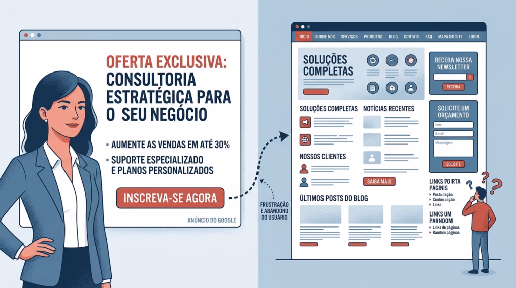 Ilustração comparativa lado a lado em fundo claro. À esquerda, uma mulher profissional está em frente a um grande pop-up de navegador que exibe um anúncio do Google bem estruturado para 'Consultoria Estratégica', com a promessa de 'Aumente as vendas em até 30%'. À direita, um pequeno homem confuso, segurando a cabeça, olha para uma maquete de site bagunçada e desorganizada intitulada 'Soluções Completas', cheia de seções e links confusos. Uma seta pontilhada aponta do anúncio para o site, com o texto 'Frustração e Abandono do Usuário'.