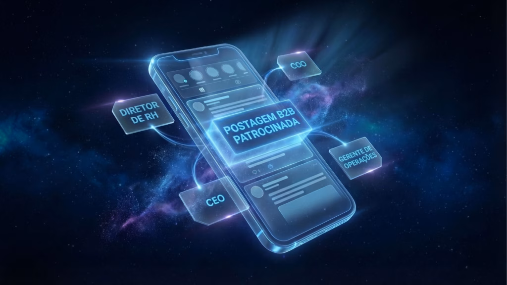 Ilustração digital de um smartphone holográfico translúcido e brilhante em tons de azul, flutuando no espaço sideral escuro com uma nebulosa ao fundo. No centro da tela do aparelho, há um bloco flutuante destacado com o texto "POSTAGEM B2B PATROCINADA". Linhas de luz conectam o telefone a quatro painéis digitais flutuantes ao seu redor, cada um contendo um cargo executivo: "DIRETOR DE RH", "COO", "CEO" e "GERENTE DE OPERAÇÕES".