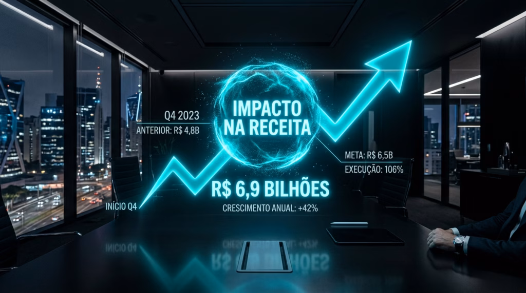 Ilustração de uma sala de reuniões moderna e escura, com amplas janelas que mostram arranha-céus iluminados à noite. Sobre uma mesa preta de conferência, flutua um grande holograma em tom de azul neon exibindo um gráfico de linha com uma seta apontando acentuadamente para cima. No centro, uma esfera brilhante destaca o texto "IMPACTO NA RECEITA". Logo abaixo, os valores "R$ 6,9 BILHÕES" e "CRESCIMENTO ANUAL: +42%". Nas laterais do gráfico, constam as marcações "Q4 2023 ANTERIOR: R$ 4,8B", "INÍCIO Q4", "META: R$ 6,5B" e "EXECUÇÃO: 106%". No canto inferior direito, aparecem os braços de um executivo de terno apoiados na mesa.
