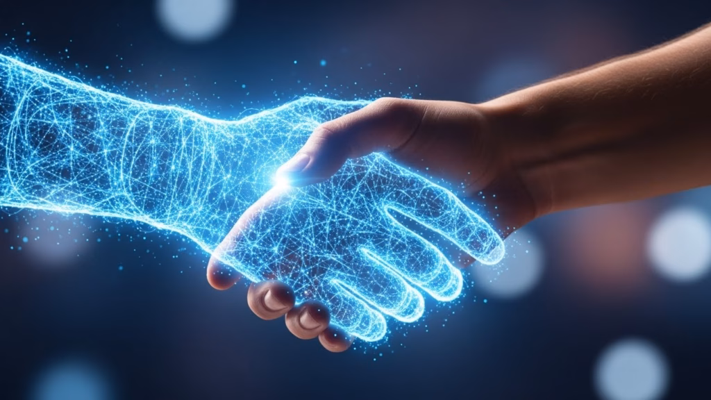 Aperto de mãos entre humano e figura digital composta por linhas de dados
Uma mão humana aperta a mão de uma figura composta por linhas e pontos luminosos azuis, representando uma entidade digital. Fundo desfocado com luzes suaves. Representação simbólica da conexão entre tecnologia e pessoas, parceria entre humanos e inteligência artificial.