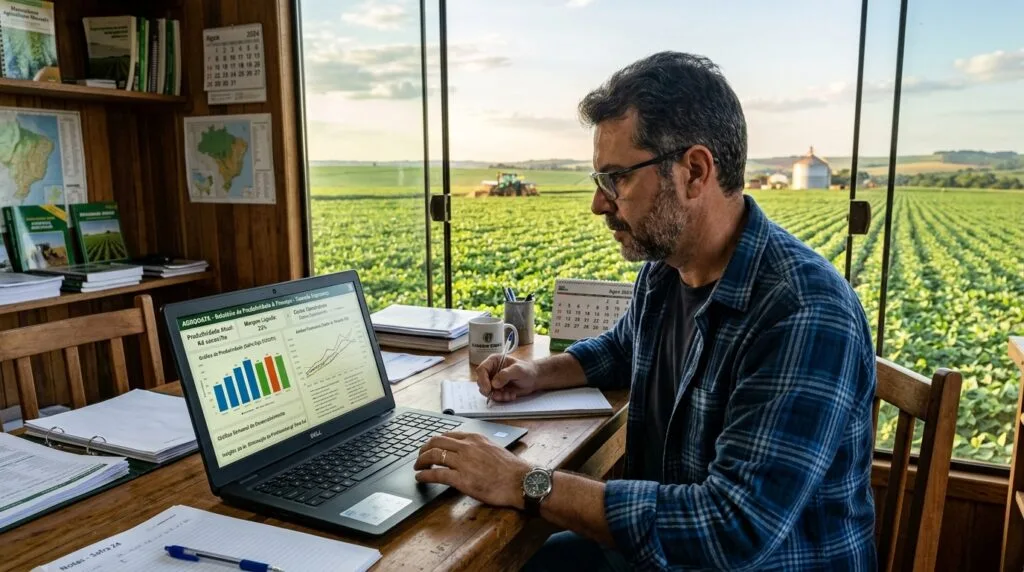 Produtor rural em escritório de fazenda analisando relatórios de produtividade e lucratividade em um laptop, com vista para a plantação ao fundo, representando a gestão de dados na agroindústria.