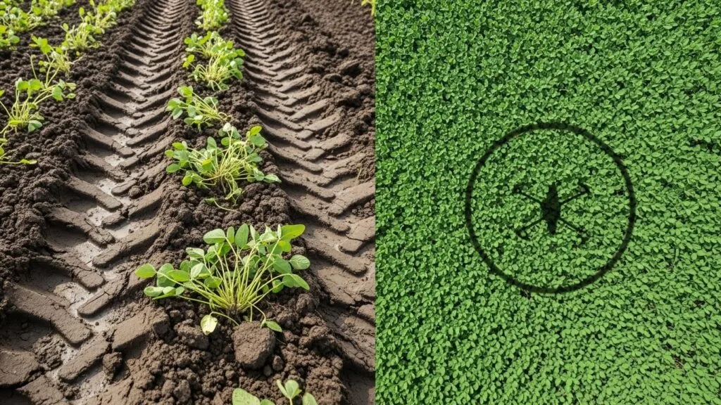 Comparação entre trilha de pneu em solo com mudas danificadas e visão aérea de lavoura com sombra circular de drone sobre a vegetação.