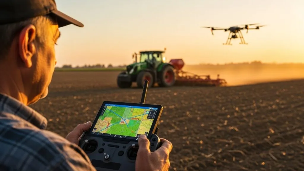 Homem controlando um drone agrícola com controle remoto que exibe mapa da plantação, enquanto trator opera ao fundo durante o pôr do sol.