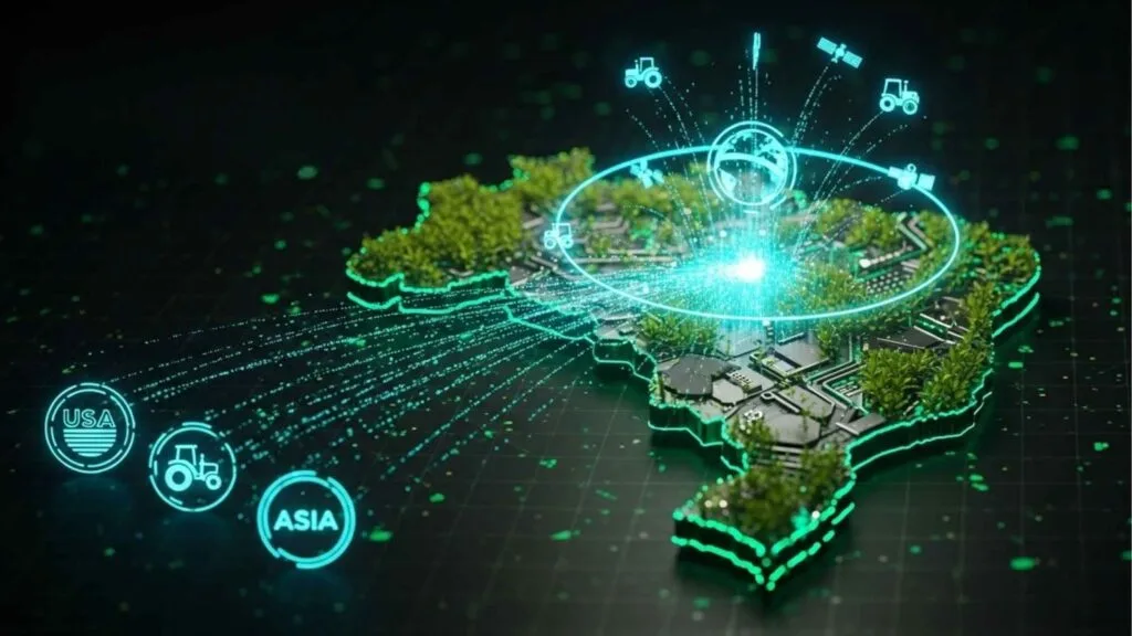 Tablet apoiado em uma cerca de madeira exibindo um holograma futurista com gráficos de 'AgTech Maturity in 2026', enquanto drones agrícolas sobrevoam a lavoura ao fundo.