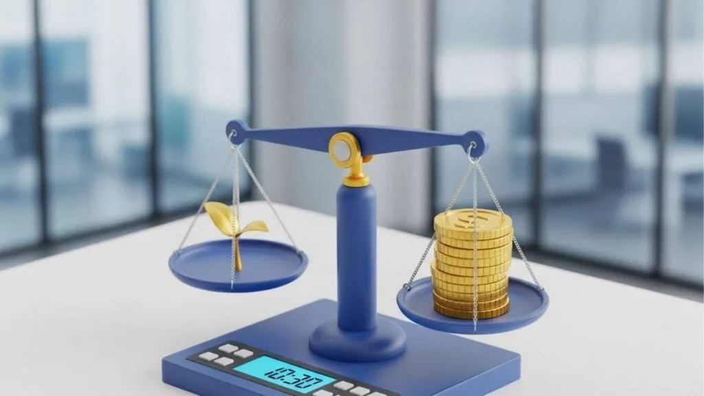 Ilustração 3D de uma balança de pratos equilibrando perfeitamente uma pequena muda de planta dourada de um lado e uma pilha de moedas de ouro do outro, representando o retorno financeiro sustentável.