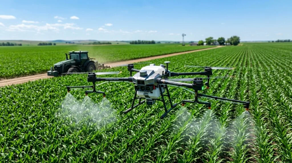 Drone agrícola de alta tecnologia pulverizando plantação de milho com precisão, com trator operando ao fundo sob céu azul. Representação de agricultura de precisão e sustentabilidade no campo.