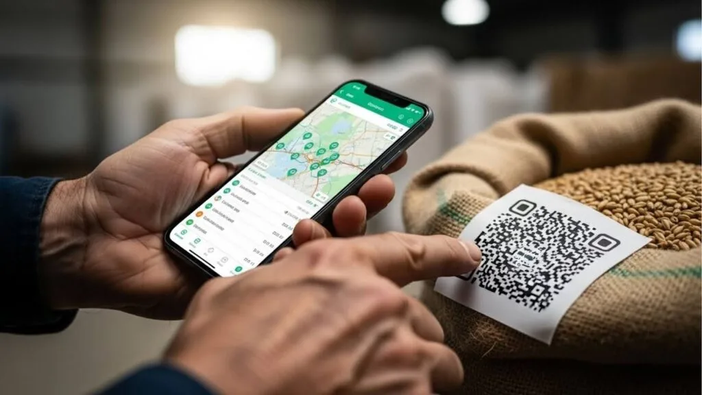 Close-up das mãos de uma pessoa escaneando um QR Code em uma saca de grãos juta com um smartphone, cuja tela exibe um mapa de rastreamento de origem com pinos verdes.