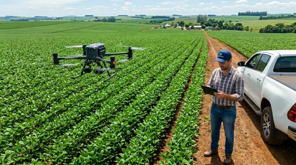 Agricultor opera tablet ao lado de caminhonete branca enquanto drone de alta tecnologia sobrevoa plantação de soja verde, representando a modernização do agronegócio sob o contexto do acordo Mercosul-UE.