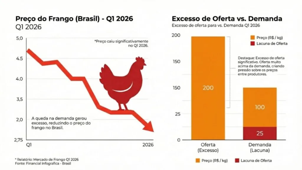 Infográfico comparativo sobre o mercado de frango no Brasil em 2026. À esquerda, um gráfico de linha vermelha mostra uma queda acentuada no preço do frango, com a silhueta de um galo ao centro. À direita, um gráfico de barras compara a "Oferta" (barra laranja alta atingindo 200) contra a "Demanda" (barra laranja menor atingindo 100), com uma seção vermelha no topo indicando a lacuna de oferta. O texto destaca que o excesso de oferta acima da demanda gerou pressão sobre os preços.