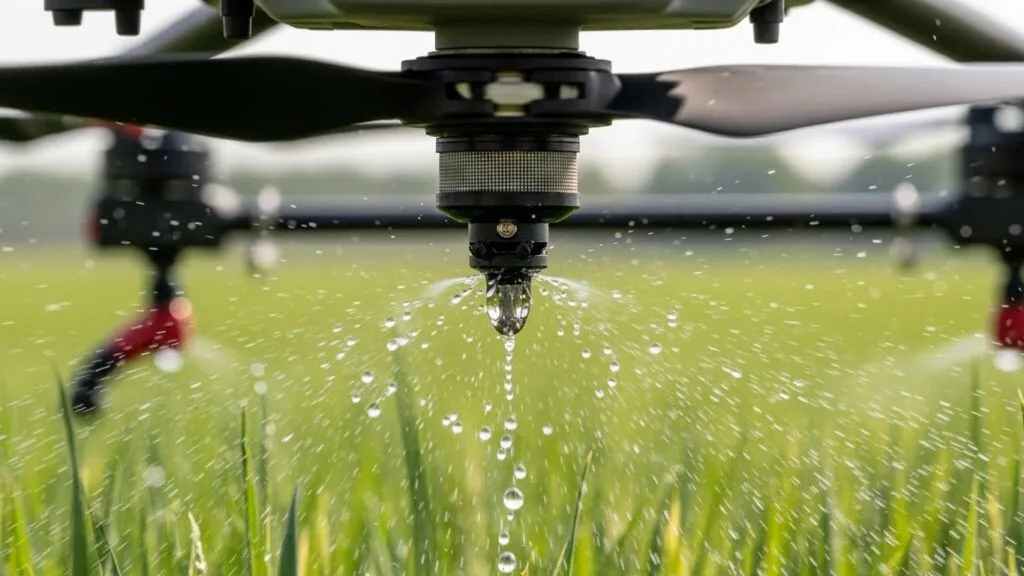 Detalhe de bico pulverizador de drone liberando gotas de água sobre plantação verde.