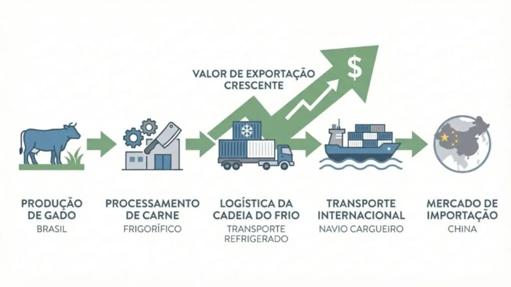 Infográfico em tons de verde e azul ilustrando a cadeia de exportação da carne. O fluxo segue horizontalmente com ícones: 1. Produção de Gado (Brasil); 2. Processamento de Carne (Frigorífico); 3. Logística da Cadeia do Frio (Caminhão refrigerado); 4. Transporte Internacional (Navio cargueiro); 5. Mercado de Importação (China, representado por um globo). Uma grande seta verde com um cifrão aponta para cima, com o texto "Valor de exportação crescente".