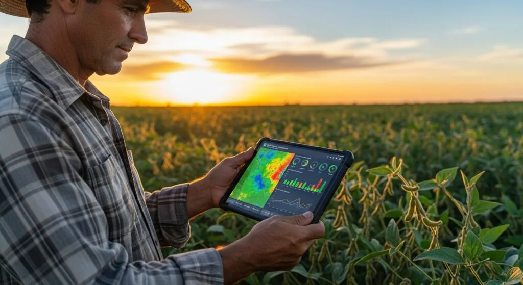 Agricultor usando chapéu e camisa xadrez em uma lavoura de soja, segurando um tablet que exibe mapas de calor e gráficos de agricultura de precisão, com o pôr do sol ao fundo.