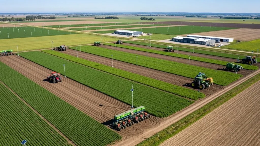 Fazenda moderna com várias faixas de cultivo e tratores operando entre elas, cercada por postes com sensores e prédios ao fundo.