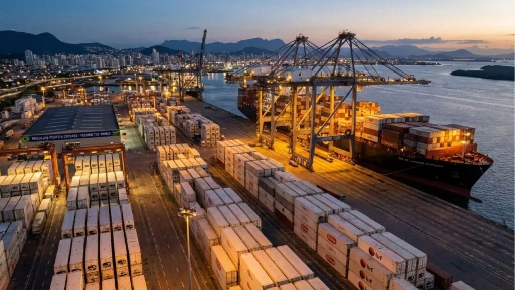 Foto noturna de um porto de contêineres iluminado. Grandes guindastes azuis carregam um navio cargueiro atracado à direita. Em primeiro plano, centenas de contêineres brancos refrigerados estão organizados em fileiras no pátio. No canto esquerdo, um galpão exibe a frase "Brazilian Protein Exports - Feeding the World". Ao fundo, luzes da cidade e montanhas sob um céu de fim de tarde.