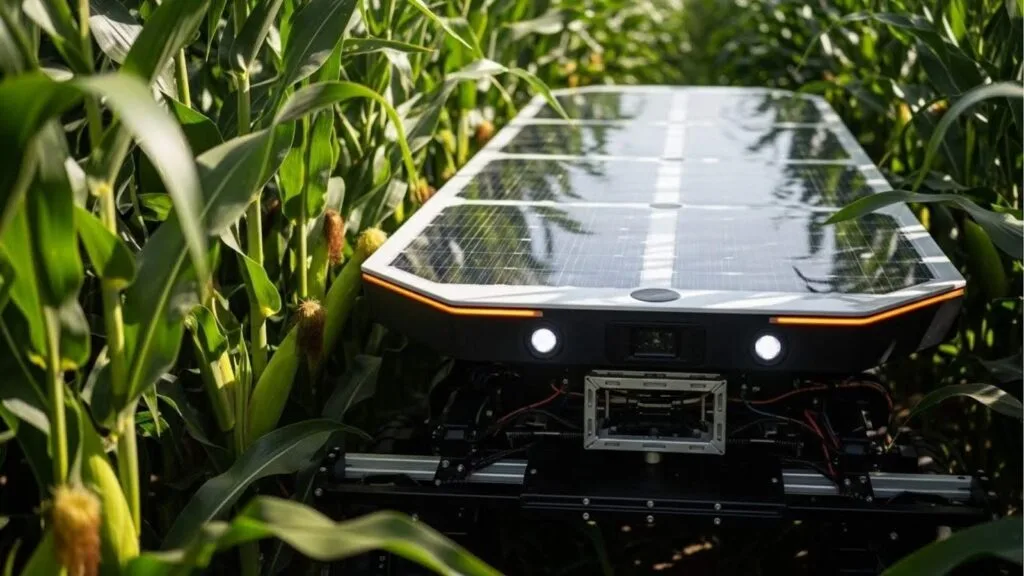 Robô agrícola movido a energia solar, com painéis fotovoltaicos no topo, movendo-se entre fileiras de uma plantação de milho para monitoramento.