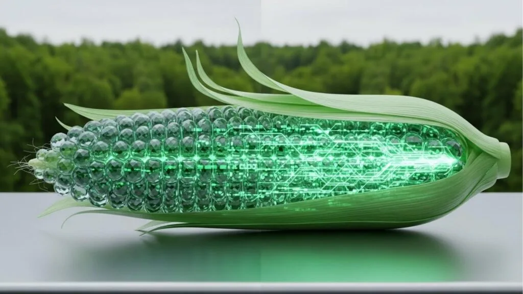 Espiga de milho estilizada com grãos transparentes verdes e circuitos eletrônicos brilhando em seu interior, representando tecnologia na agricultura.