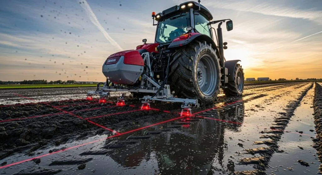 Trator moderno operando em um campo de arroz alagado (taipa), utilizando tecnologia de nivelamento a laser com linhas vermelhas projetadas sobre a lama ao pôr do sol.