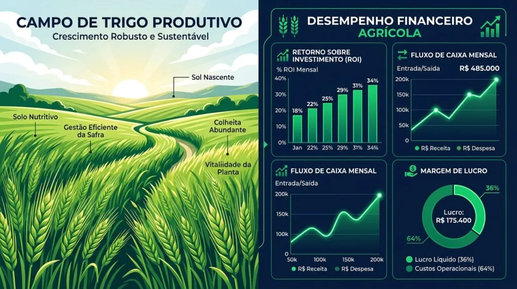 Infográfico de relatório de colheita de soja 2023/24 mostrando produtividade média de 4.100 kg/ha em 1.250 hectares, com imagem de colheitadeira John Deere operando no campo ao pôr do sol.