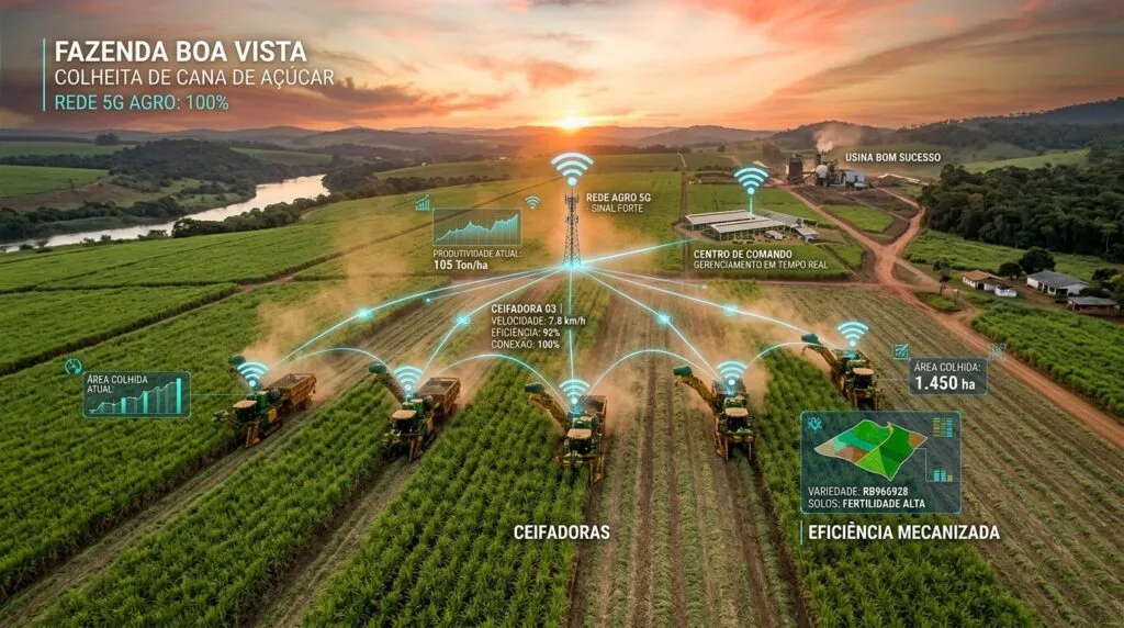 Colheita de cana-de-açúcar na Fazenda Boa Vista com ceifadoras conectadas via rede 5G Agro. A imagem mostra o monitoramento em tempo real da eficiência mecanizada e mapas de fertilidade do solo.