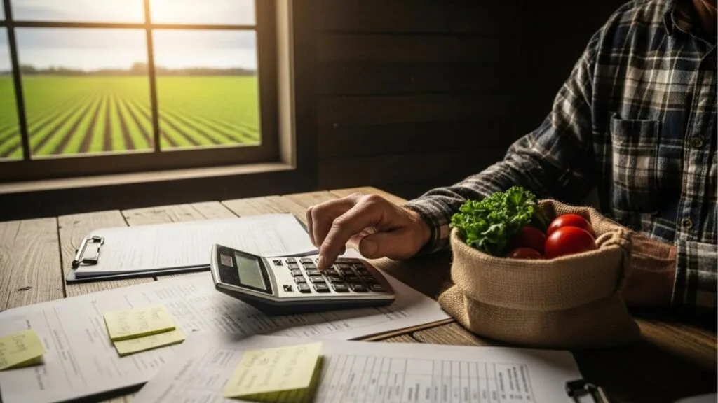 Pessoa em mesa de madeira usando calculadora e analisando papéis com anotações, ao lado de uma cesta com vegetais frescos, com plantação visível pela janela.