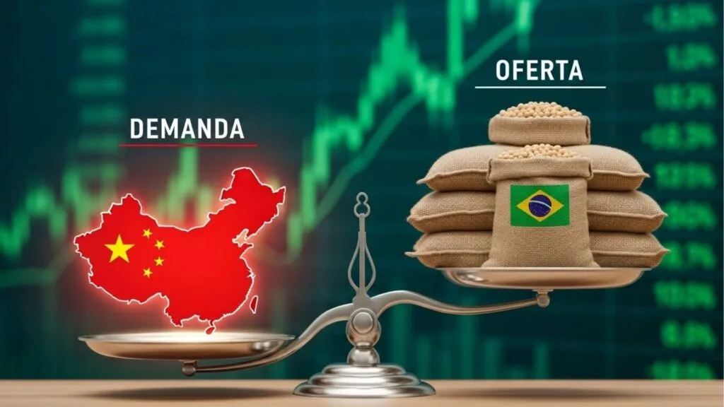 Balança ilustrativa com mapa da China simbolizando “demanda” de um lado, e sacos de soja com bandeira do Brasil representando “oferta” do outro, sobre fundo de gráfico financeiro.