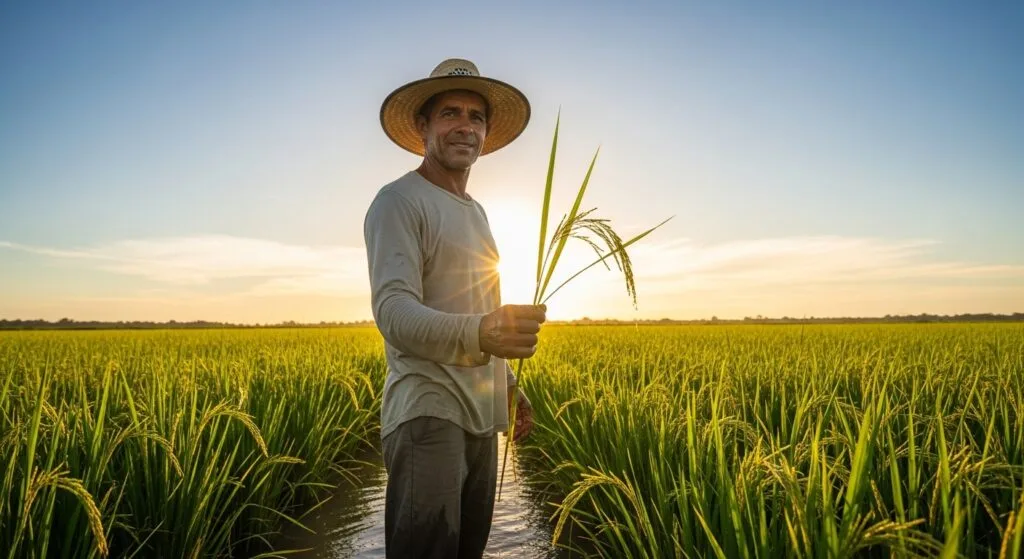 Orizicultor sorridente usando chapéu de palha, em pé dentro de uma lavoura de arroz irrigada, segurando e examinando uma panícula de arroz contra a luz do sol.