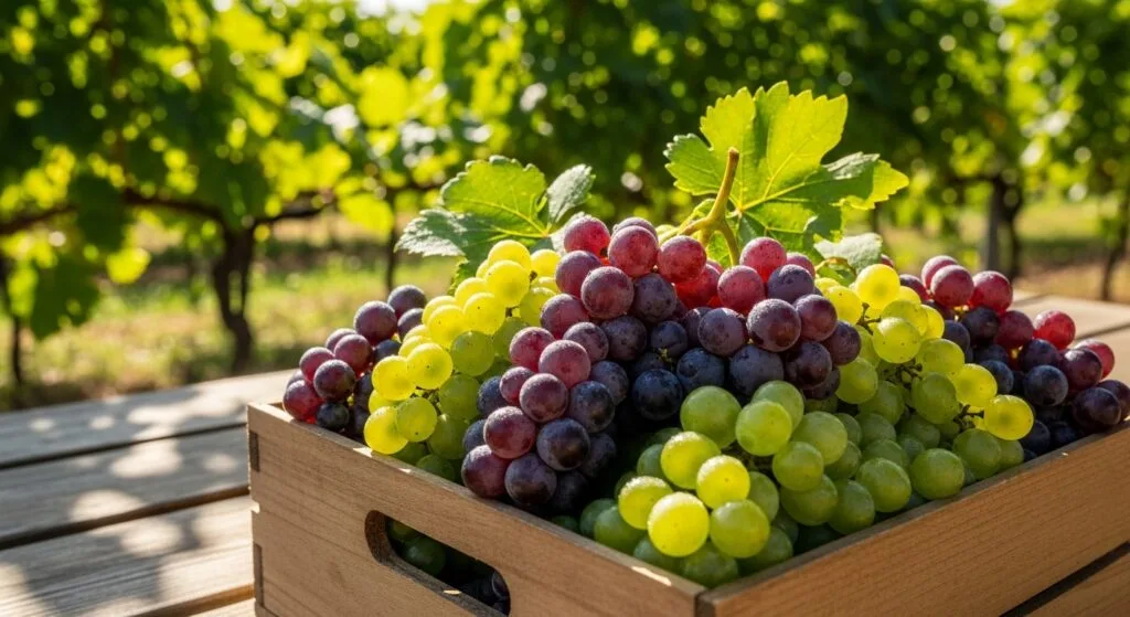 Close-up de uma caixa de madeira repleta de uvas roxas e verdes frescas e brilhantes, apoiada sobre uma mesa em um vinhedo ensolarado