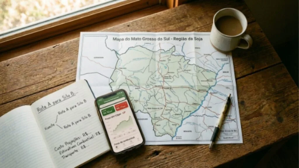 Planejamento de rota logística para transporte de carga com mapa do Mato Grosso do Sul, caderno de anotações de custos e smartphone exibindo gráfico de variação do preço do combustível sobre mesa de madeira.