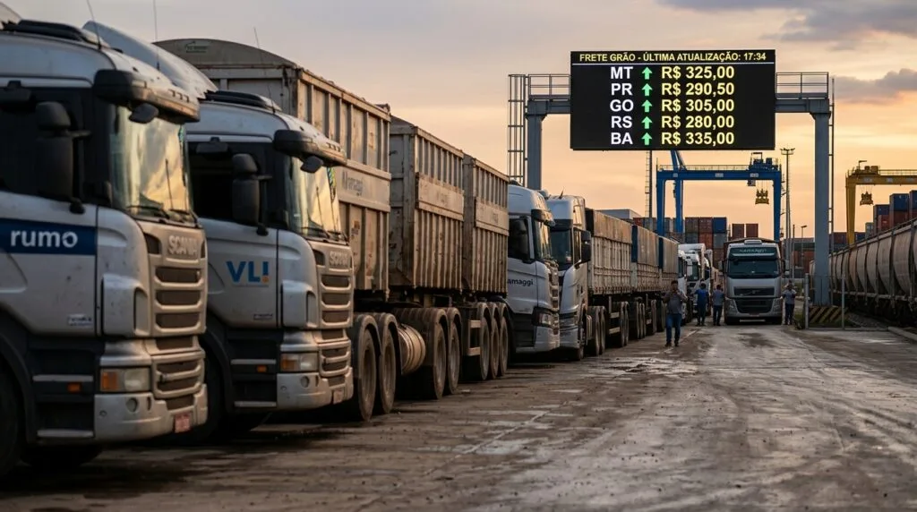 Caminhões de carga estacionados em um terminal logístico ao lado de um painel digital exibindo preços de frete por estado (MT, PR, GO, RS, BA) com setas de valorização.