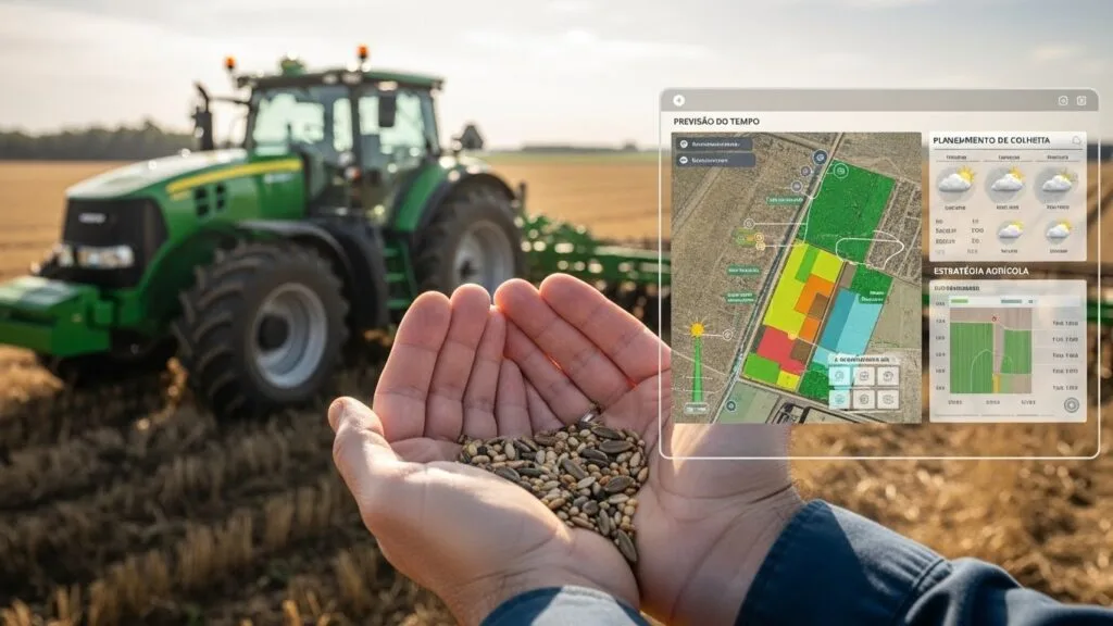 Mãos segurando sementes em frente a um trator verde, com interface digital flutuante mostrando previsão do tempo, mapa da lavoura e planejamento agrícola.