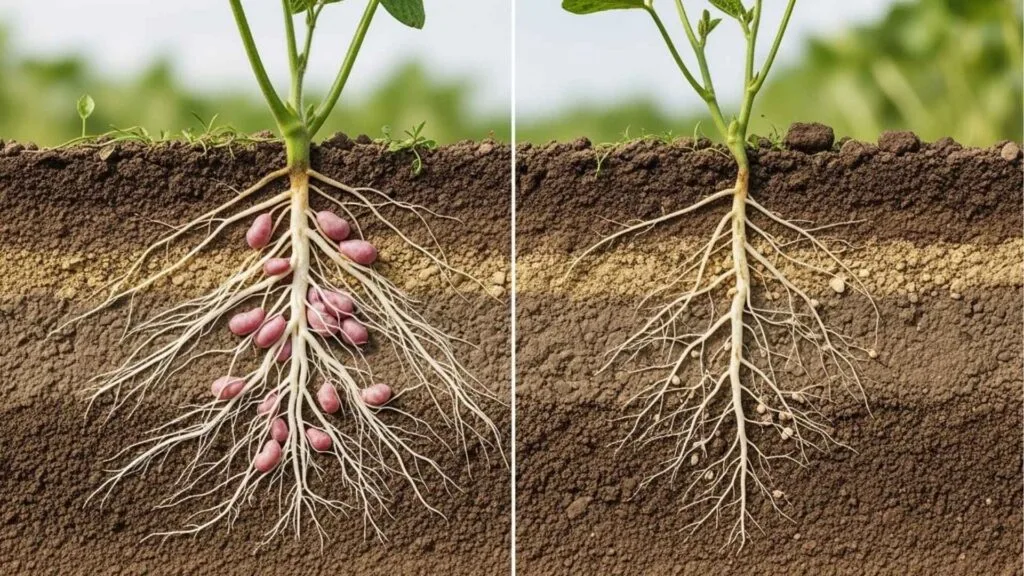 Corte transversal do solo mostrando o sistema radicular de duas plantas: à esquerda com nódulos rosados e à direita com raízes mais finas e poucos nódulos.