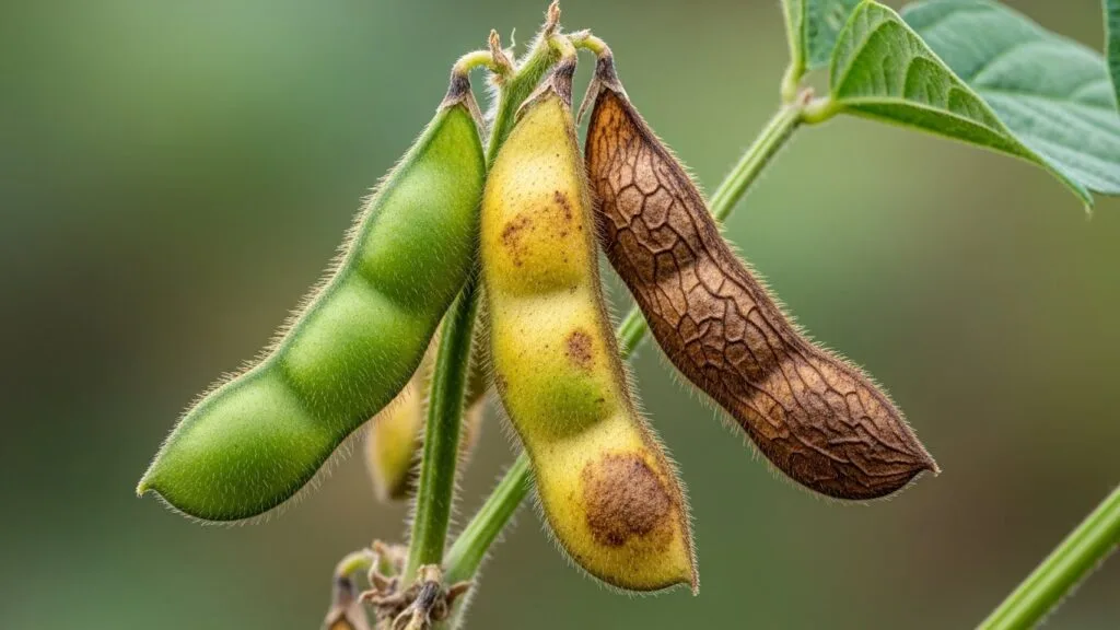 Três vagens de soja no mesmo ramo exibindo a evolução da maturação: uma verde, uma amarelada em transição e uma marrom seca pronta para colheita.