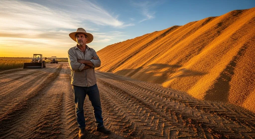 Agricultor de chapéu e braços cruzados em pé ao lado de uma montanha gigante de grãos de soja armazenados a céu aberto, com o sol se pondo.
