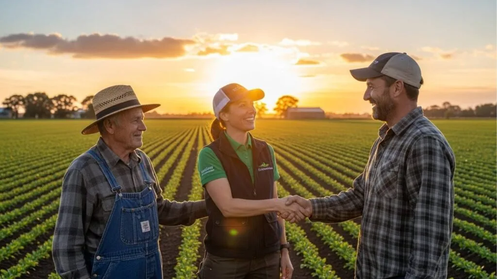 Três pessoas em campo agrícola ao pôr do sol: uma mulher aperta a mão de um homem sorridente, enquanto outro homem de chapéu observa.