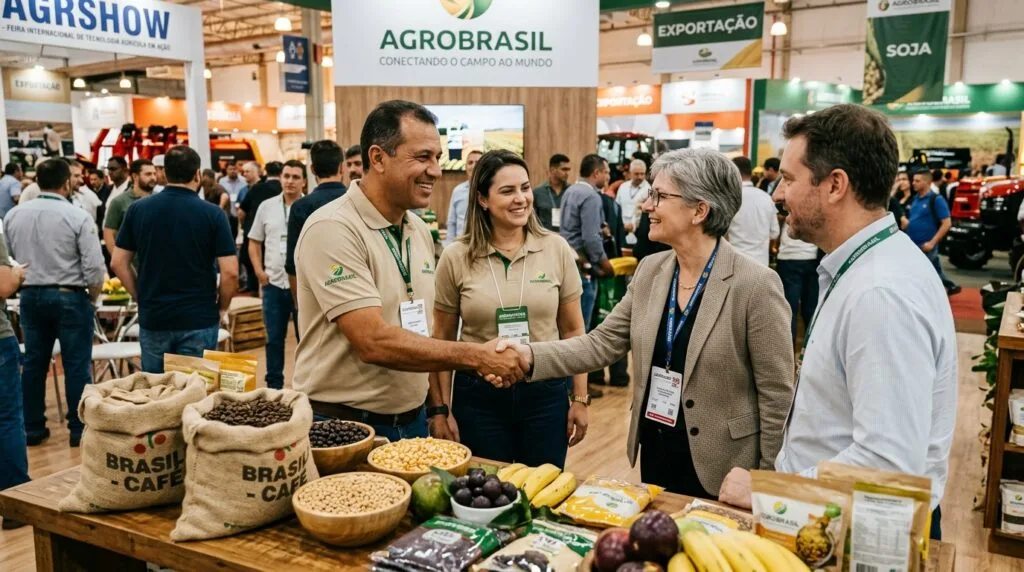 Representantes da Agrobrasil apertando as mãos de parceiros comerciais em feira de agronegócio. Mesa com amostras de café, soja e frutas tropicais brasileiras para exportação ao fundo.