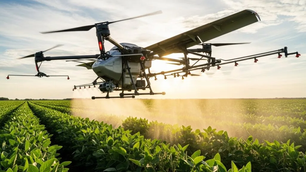 Drone agrícola voando baixo sobre plantação de soja, aplicando defensivos com múltiplos bicos pulverizadores ao entardecer.