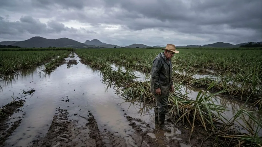 Agricultor caminha por plantação inundada e solo encharcado sob céu nublado, ilustrando os riscos climáticos e perdas na produção agrícola.