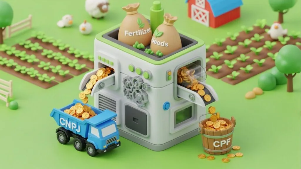 Ilustração 3D lúdica de uma máquina processando sementes e fertilizantes em moedas de ouro, separando o lucro entre um caminhão azul escrito 'CNPJ' e um balde de madeira escrito 'CPF'.
