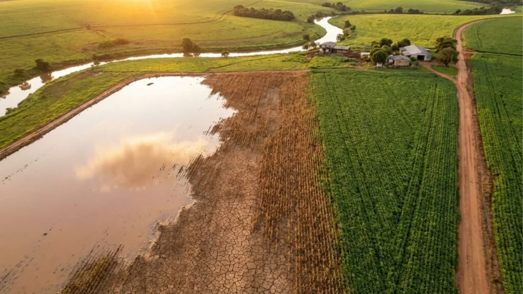 Vista aérea de propriedade rural mostrando contraste entre área verde preservada e solo rachado pela seca extrema próximo a um curso d'água.