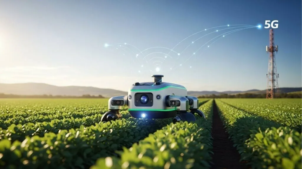 Pequeno robô de monitoramento agrícola percorrendo uma plantação de soja, com ilustrações de ondas de sinal conectando-o a uma torre de transmissão 5G ao fundo.