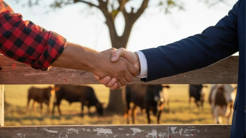 Close-up de um aperto de mão sobre uma cerca de madeira entre um produtor rural (camisa xadrez) e um empresário (terno), com gado desfocado ao fundo, simbolizando negociação.