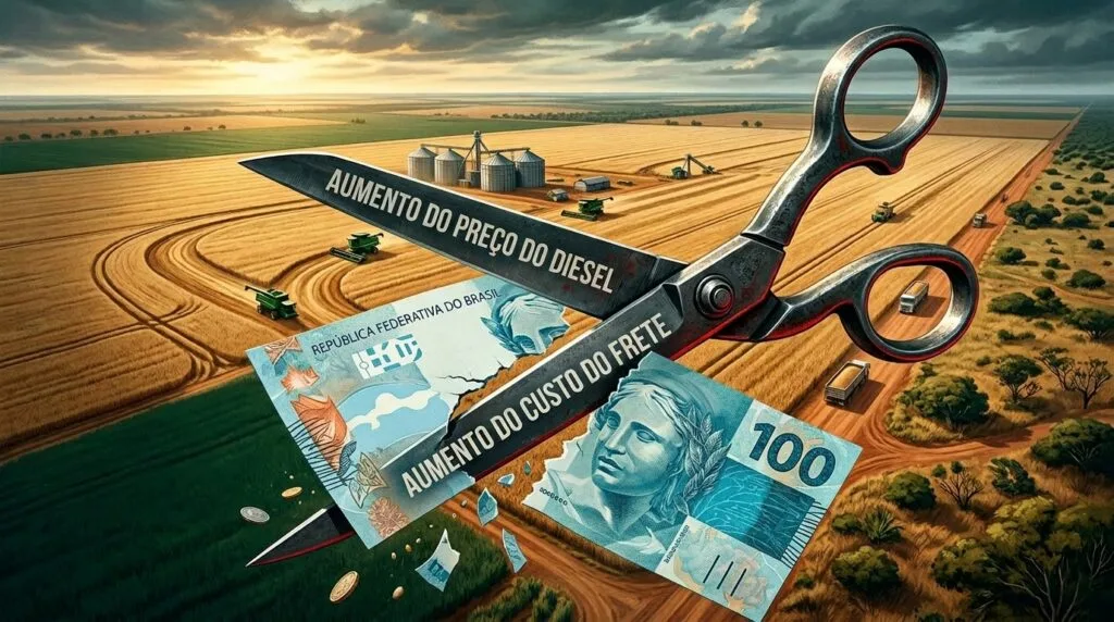 Ilustração de uma tesoura cortando uma nota de 100 reais sobre uma plantação, com as frases "Aumento do preço do diesel" e "Aumento do custo do frete" nas lâminas, simbolizando o impacto financeiro no agronegócio.