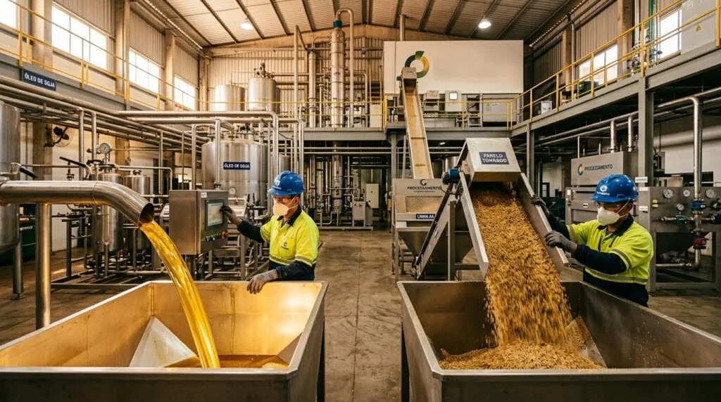 Operários em uma usina de processamento de soja monitorando a extração de óleo vegetal e farelo para a produção de biocombustível em ambiente industrial tecnológico.
