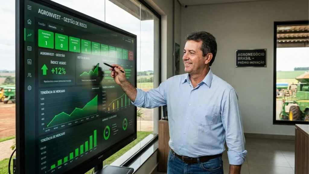 Especialista em agronegócio aponta para painel digital de "Agroinvest - Gestão de Risco" com gráficos de tendência de mercado e índice verde de produtividade.
