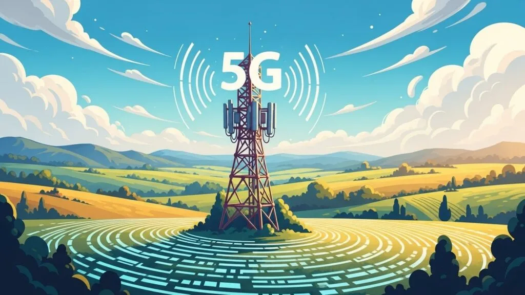 Ilustração de uma torre de transmissão 5G no centro de uma paisagem rural, emitindo ondas de sinal sobre plantações agrícolas e colinas sob um céu azul.